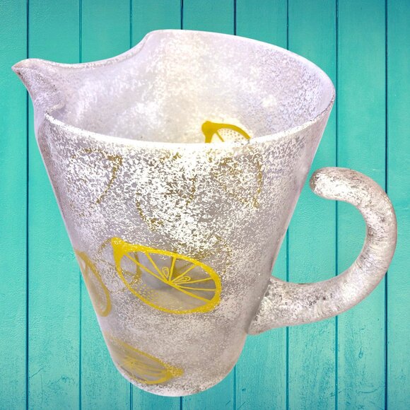 Vintage Glass Large Pitcher Frosted Lemons Pouring LIP Water Lemonade Ice Tea - Picture 6 of 9